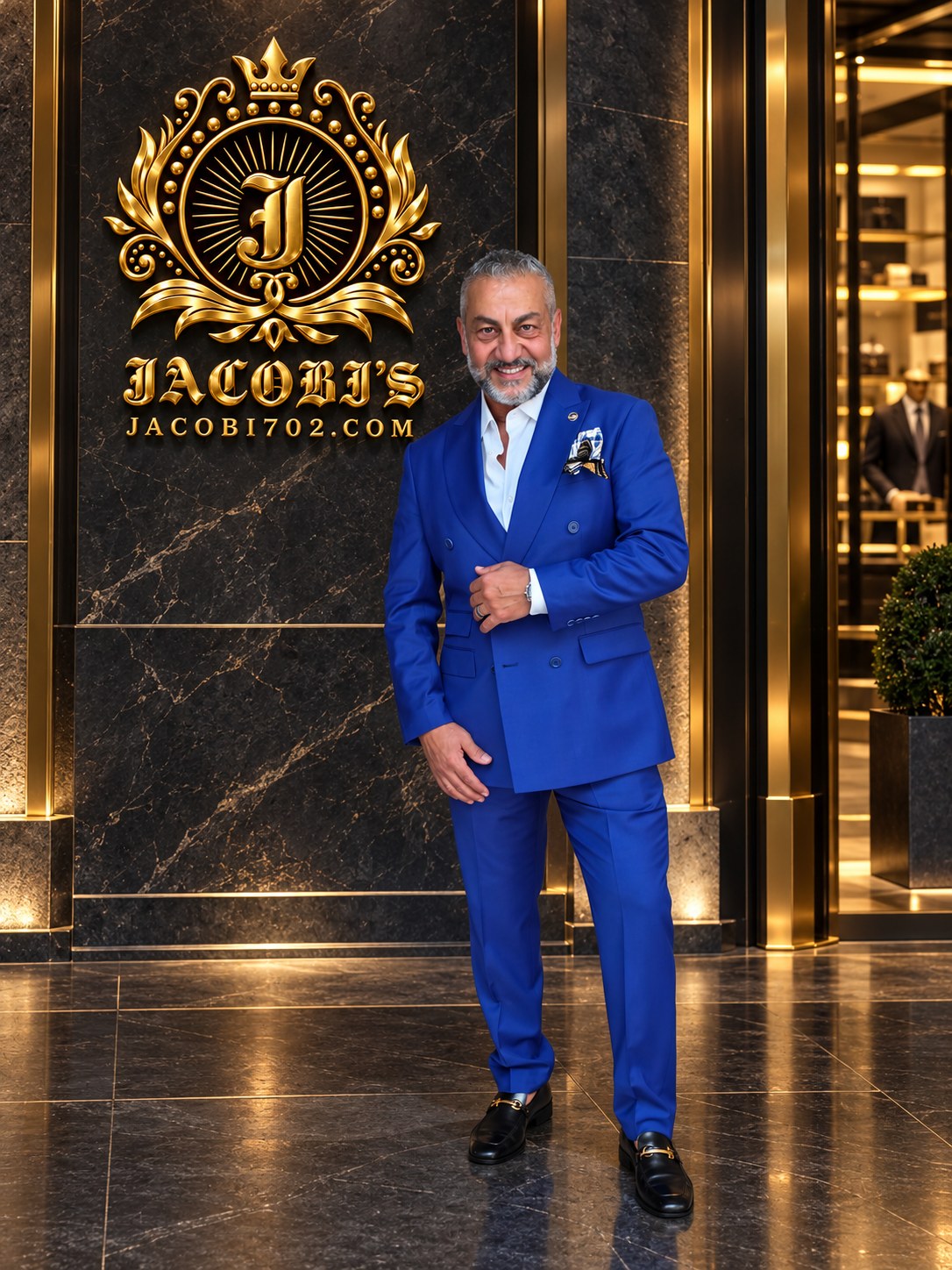 Mr. Jacobi in a royal blue double-breasted suit in front of the Jacobi's sign